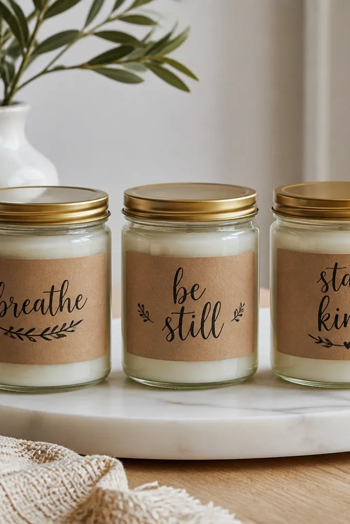 A set of three glass candle jars with kraft paper labels. Each label has hand-lettered text in black ink with a slight dry-brush texture. The jars have gold lids and sit on a marble tray.