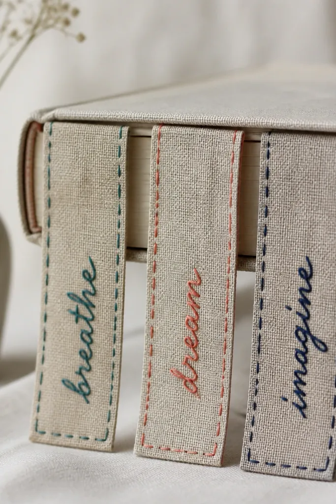 A set of three linen bookmarks with uneven hand stitching that looks deliberate. Each has a single embroidered word in a different color thread: teal, coral, and deep navy. They hang from a book spine.