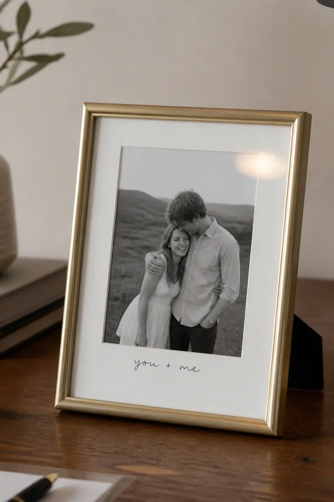 A small 5x7 frame on a desk. Inside is a photo printed in black and white with a white mat and a single handwritten caption at the bottom. The glass reflects a soft lamp light.
