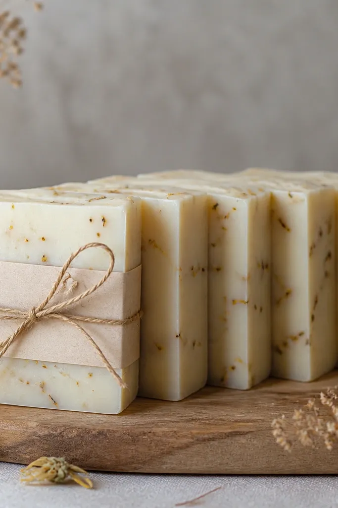 A loaf of soap cut into bars. The bars are creamy white with tiny floating dried flower bits and a smooth top. A small paper tag wraps one bar, tied with twine.