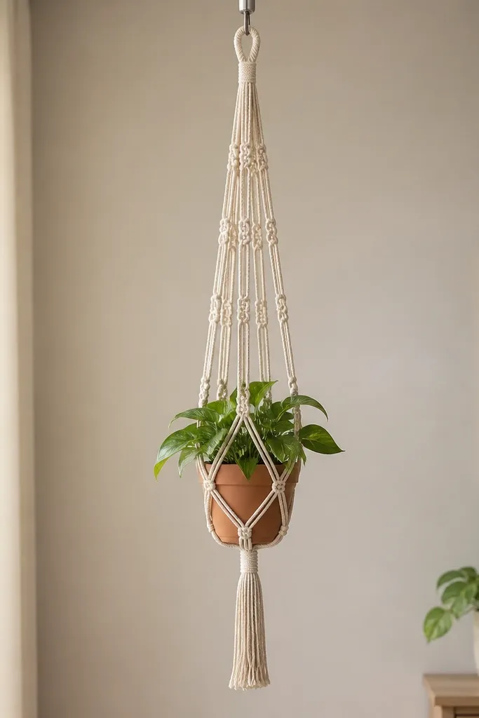 A macramé plant hanger hanging from a ceiling hook. The cord pattern is neat and symmetrical with square knots. A small terracotta pot sits centered, and the hanger length is even.
