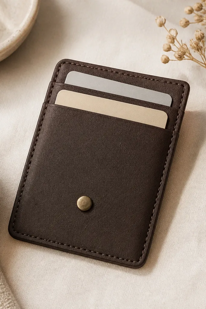 A slim card holder made from dark brown faux leather with two vertical card slots. Visible top-stitching runs along edges in a straight line, and a small brass snap sits at the front.