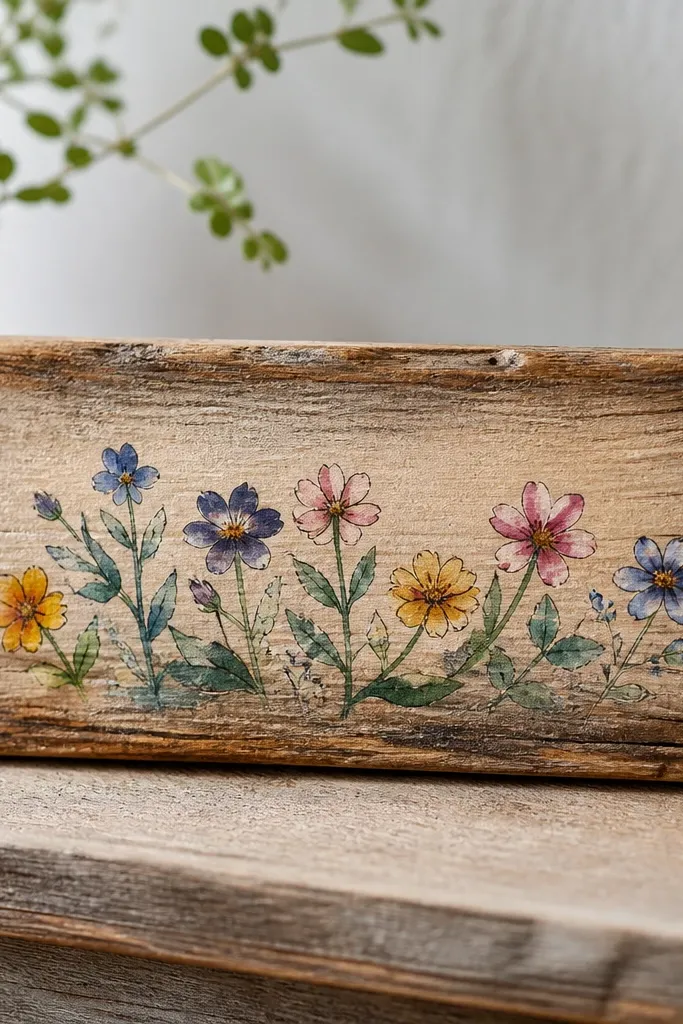 A small rectangular nameplate on a piece of reclaimed wood. The background is lightly sanded. The name is painted in soft watercolor lettering with a darker outline, and a clear coat finish shows the wood grain.