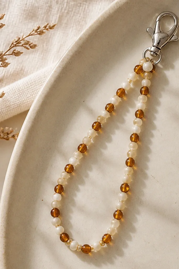 A beaded phone charm with small glass beads in cream and amber. It hangs from a sturdy metal lobster clasp. The beads are spaced evenly, and the charm has a small loop at the top.