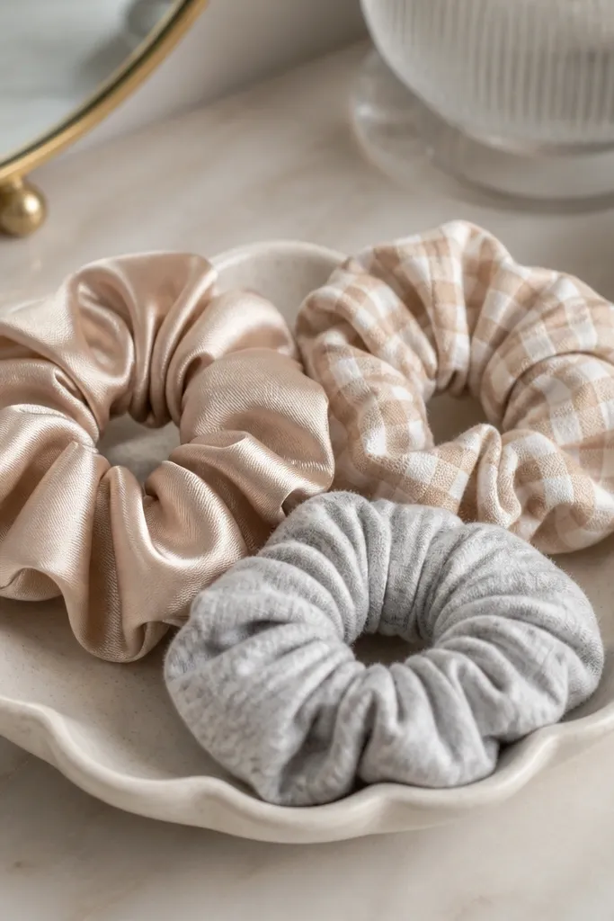 Three scrunchies in different fabrics: satin, cotton gingham, and soft jersey. Each has a smooth gathered seam with no visible raw edges. They sit in a small ceramic dish on a vanity.