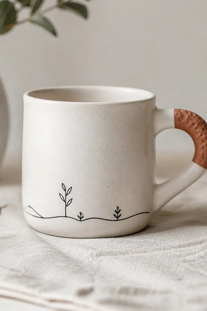 A plain white mug painted by hand. The handle has a painted textured grip area in a soft terracotta. The mug has a simple line illustration near the bottom and a matte glaze finish.