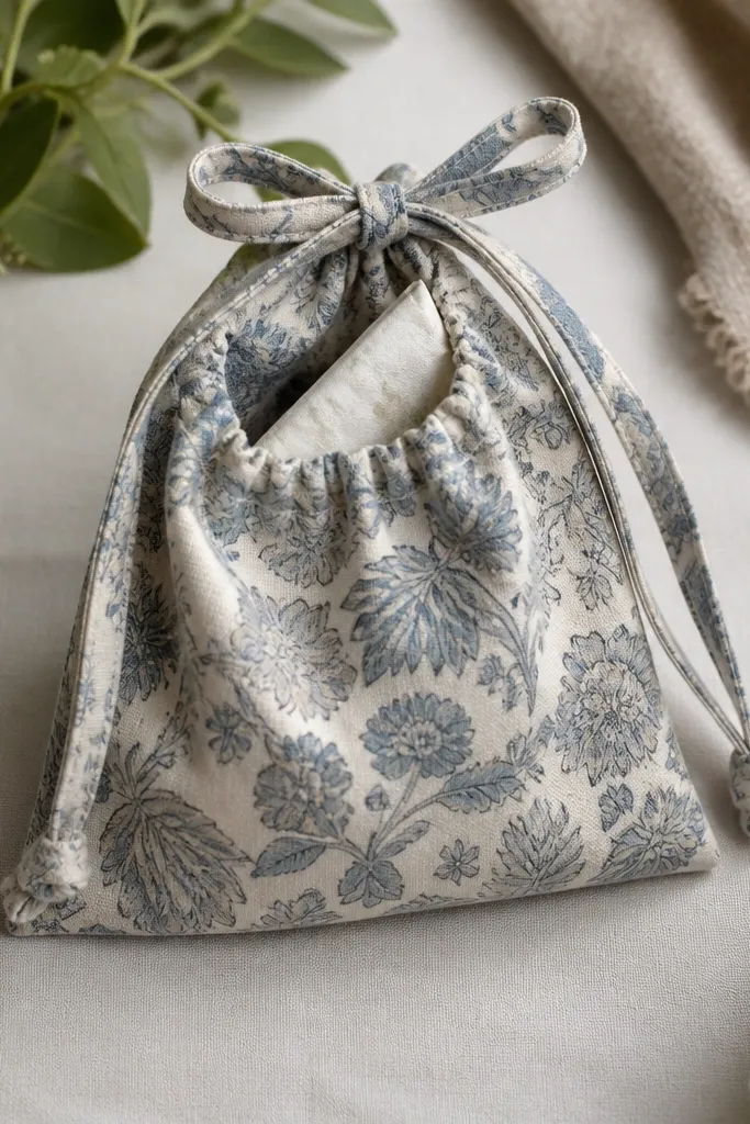 A small fabric cinch bag made from patterned cotton. Two fabric ties extend from the top and are tied in a bow. Inside, a folded note peeks from a small hidden pocket seam.