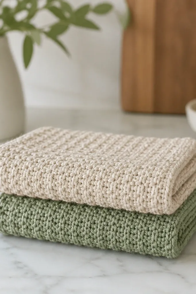 A set of two knitted dishcloths in oatmeal and sage. Each cloth has a visible textured stitch pattern that looks like small ridges. They are folded neatly and stacked on a kitchen counter.