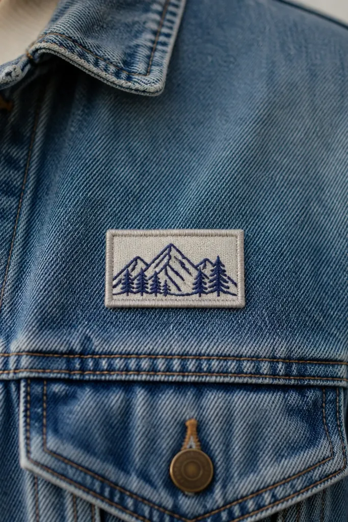 A denim jacket with a stitched patch on the chest area. The patch is a small rectangle with hand embroidery in a single color, finished with a clean satin stitch border. The denim weave is visible behind it.