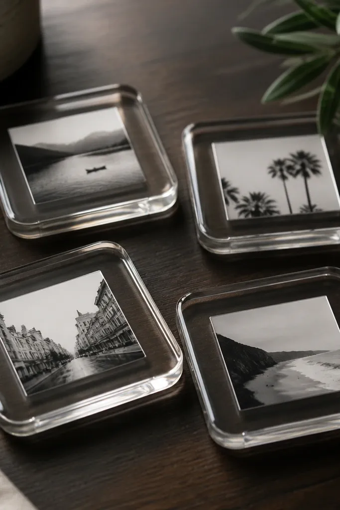 Four clear resin coasters with embedded small black-and-white photo squares. The edges are rounded and glossy, and the photos sit centered under the resin. They're arranged on a dark wood table.