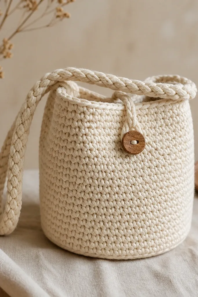 A small crochet bucket bag in warm cream yarn. The bottom holds a stiff circular base so the bag stands up. A braided strap wraps the top, and a small wooden button closes the front.