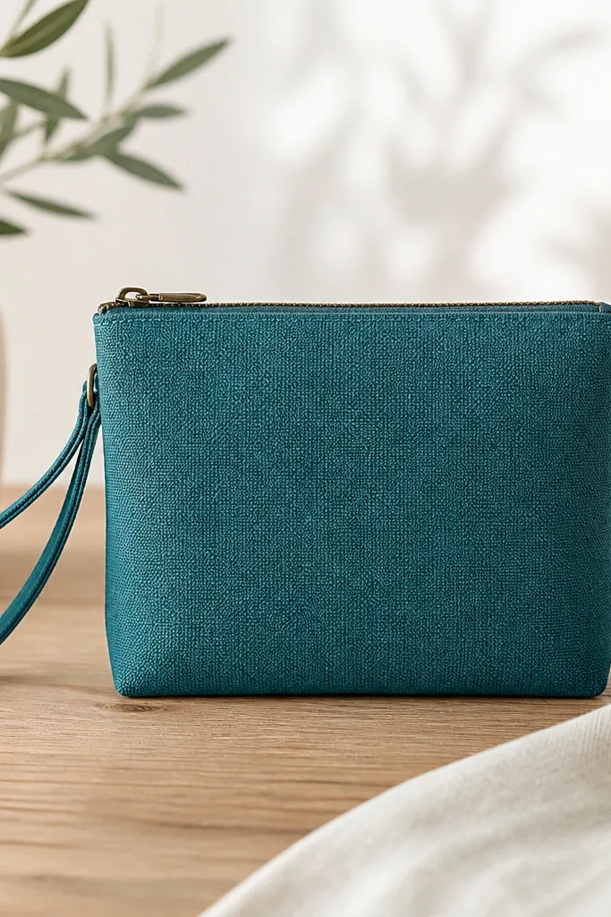 A small wristlet pouch in teal fabric with a metal zipper. The zipper track is smooth with no puckering. A short wrist strap is stitched at the sides, and the pouch sits upright on a table.