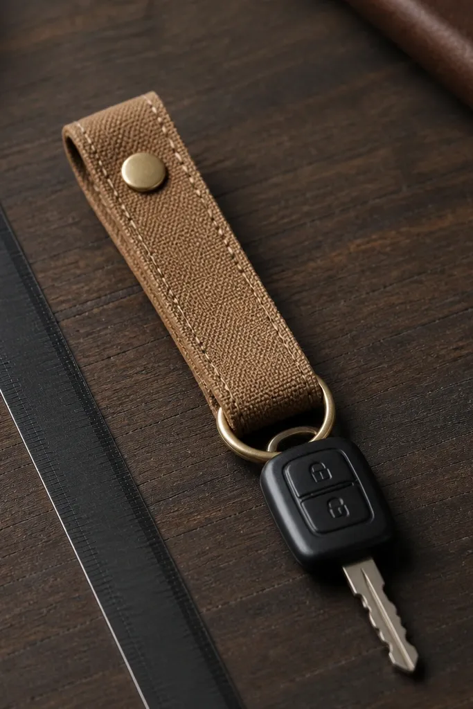 A slim key clip made from waxed tan canvas with visible stitching, a small brass snap at the top, and a loop holding a car key; it sits on a dark wood table with a ruler for scale.