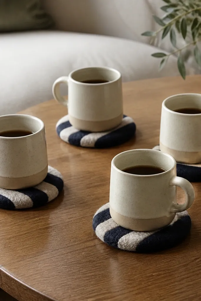 Four round coasters with a tight felted surface, alternating stripes in deep navy and soft oatmeal, each coaster placed on a coffee table next to a mug.