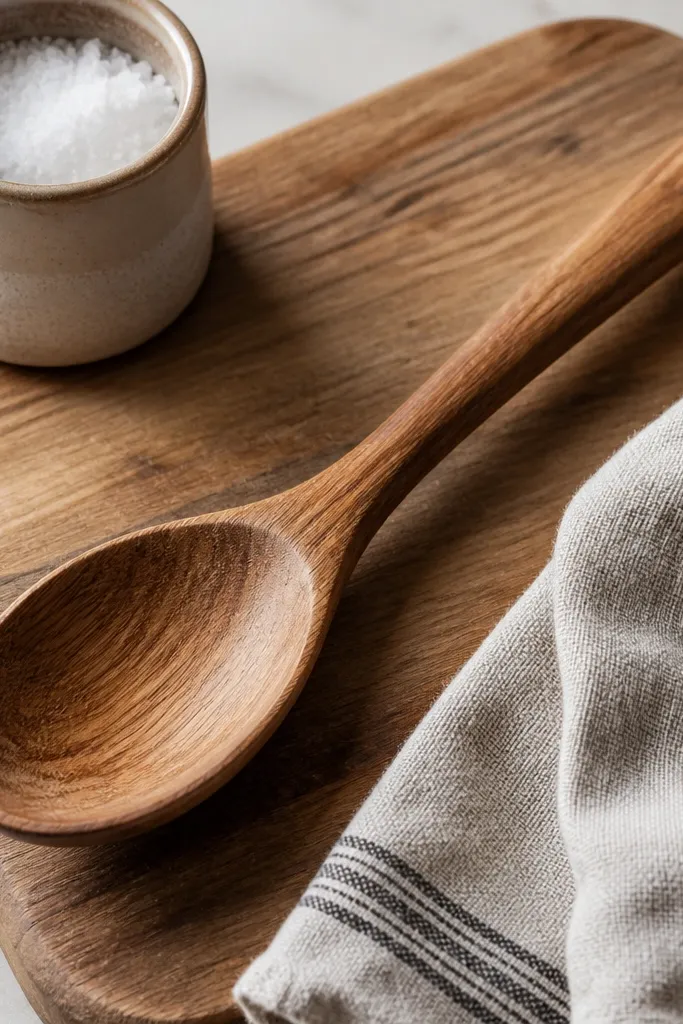 A hand-carved wooden spoon with a smooth handle and a slightly deep bowl, shown on a cutting board with a small jar of salt and a striped kitchen towel.