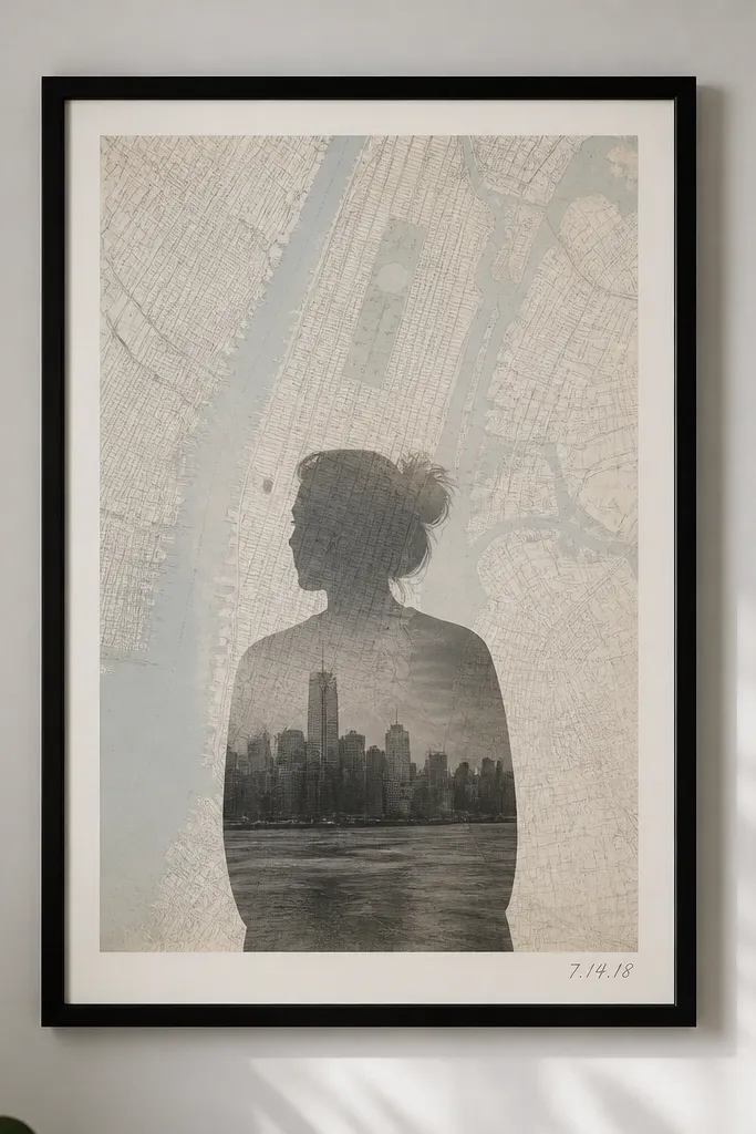 A black-framed print on a wall showing a city map background with a faded photo silhouette centered, with a small handwritten date in the corner.
