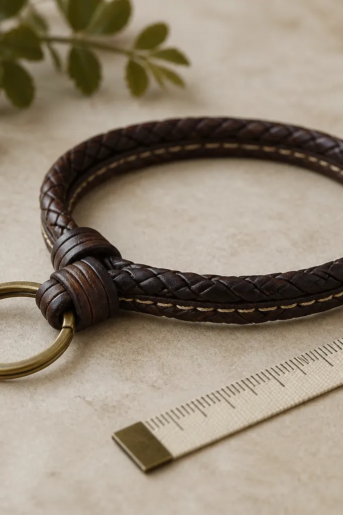 A braided leather wrap bracelet holding a small metal key ring, shown laid flat with a measuring tape; the leather is dark brown with a stitched edge.