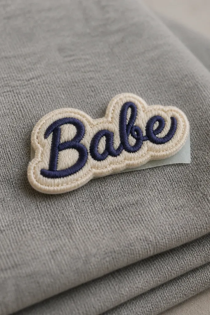 A small embroidered patch reading a boyfriend's nickname in thread, placed on folded gray sweatshirt fabric; the patch has a heat-activated backing visible at the edge.