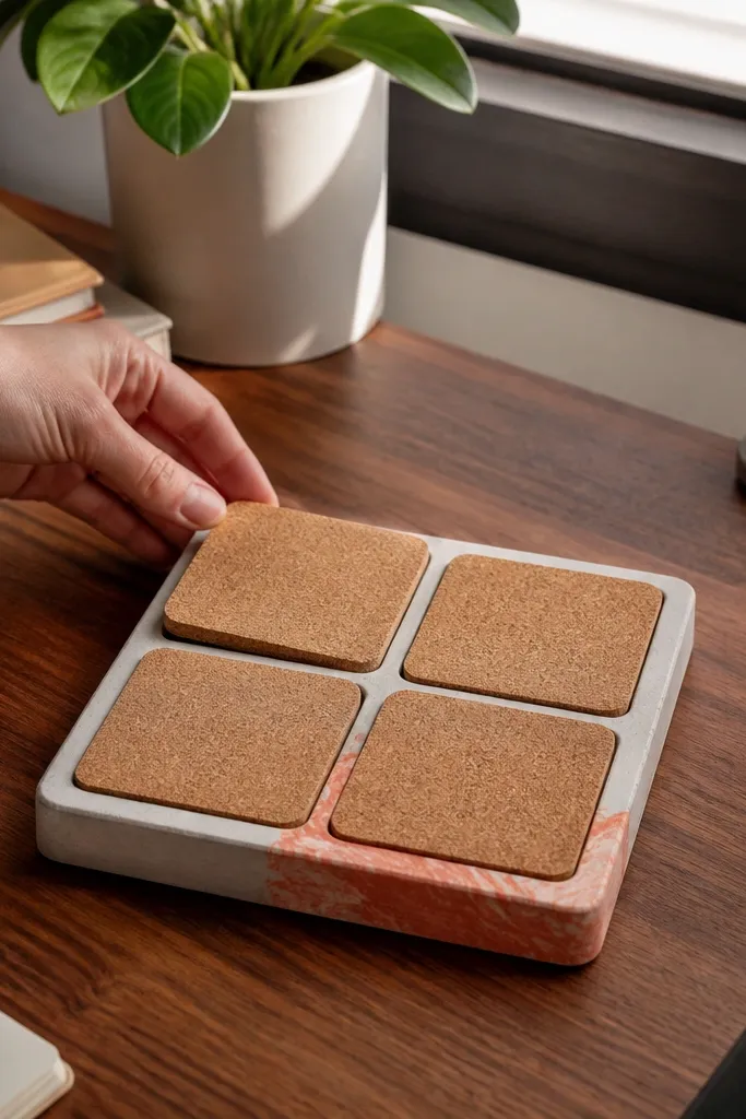 A small rectangular concrete tray with rounded corners, holding four matching coasters; one corner has a subtle terracotta wash and the surface is matte.