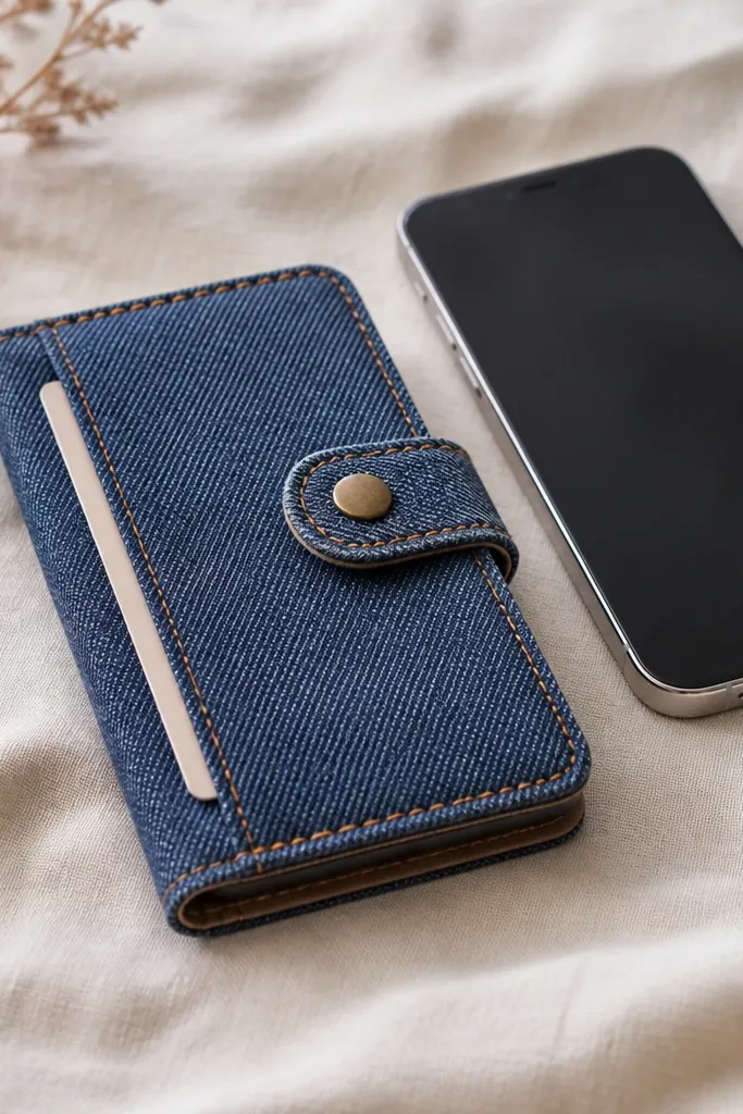A folded denim phone wallet with a magnetic snap closure, visible topstitching, and a slim card slot; it's shown next to a phone.