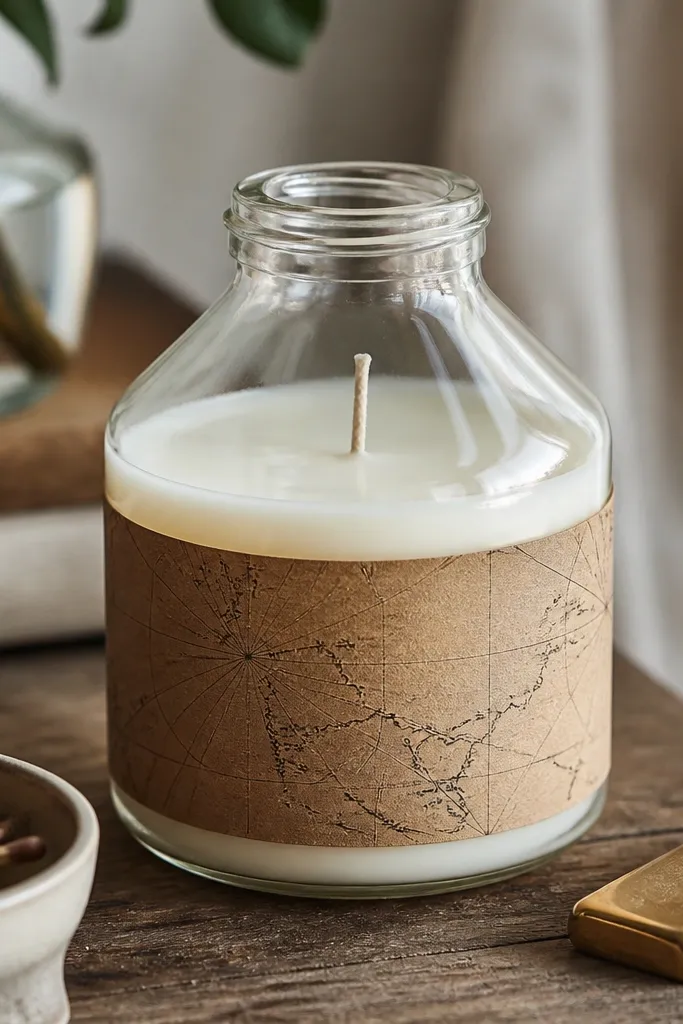 A soy candle poured in a clear recycled bottle with a cream wax top, and a kraft label printed with a small map graphic; the bottle sits by matches and a lighter.