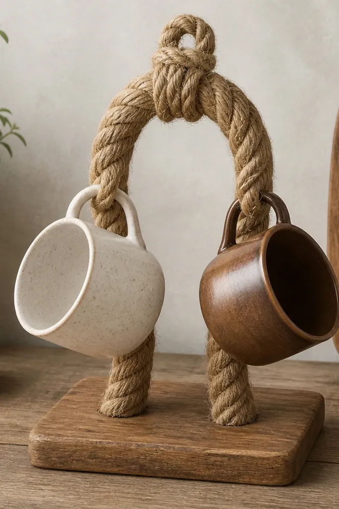 A rope mug holder made from thick natural jute rope, knotted into a stable loop with two handles, mounted on a small wooden board.