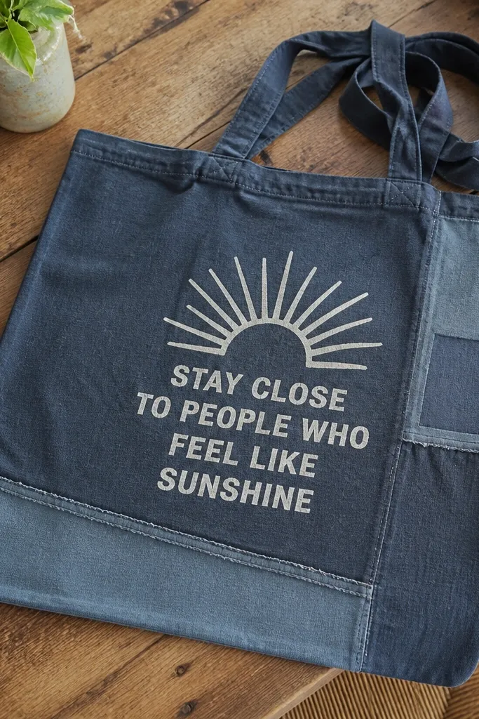 A sturdy tote bag made from a cut-up old T-shirt, with a simple screen-printed symbol and a short quote in block letters; the bag is flat on a table.