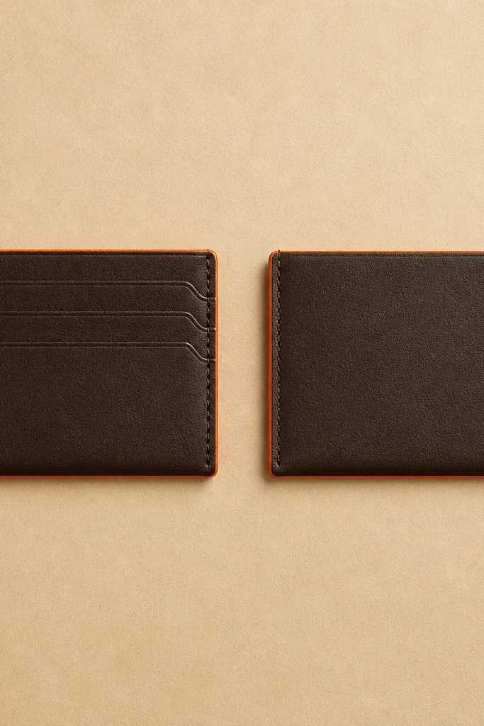 A slim leather card holder with a dark brown body and a thin line of bright orange edge paint; it's photographed front and back on a beige background.