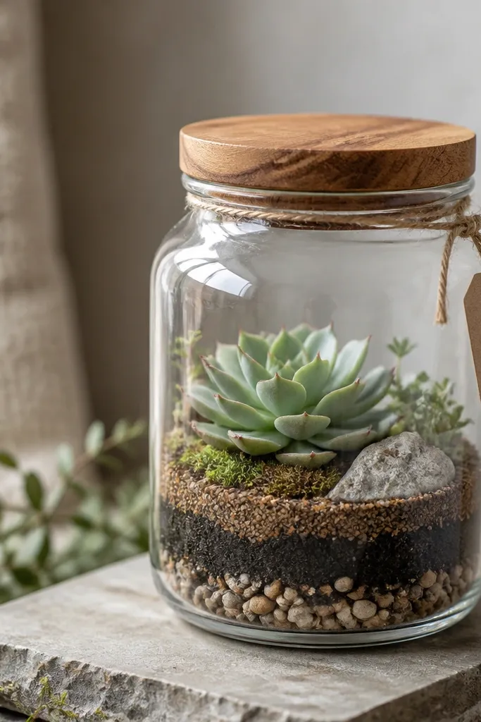 A small terrarium in a clear jar with a wooden lid, showing layered soil, tiny stones, and a small succulent; a small label tag is tied with twine.