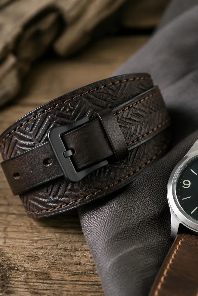 A leather strap wrap with a heat-stamped pattern on a dark leather piece, laid next to a watch; it has a buckle and stitching line along the edge.