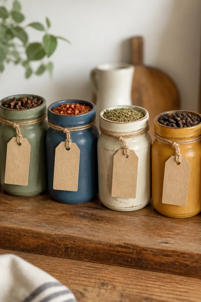 Small painted glass jars filled with dried spices, each jar tied with twine and labeled with handwritten tags; the jars sit in a row on a wooden counter.
