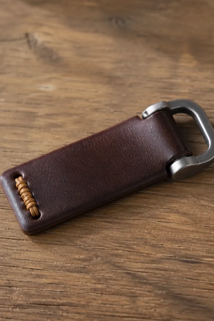A small rectangular leather key fob lying flat on a wooden table. The leather is deep brown with a slight sheen, and the edges are burnished. A brushed metal buckle sits on one end, and the other end has a neat spiral of waxed thread stitching in tan across two punched holes.