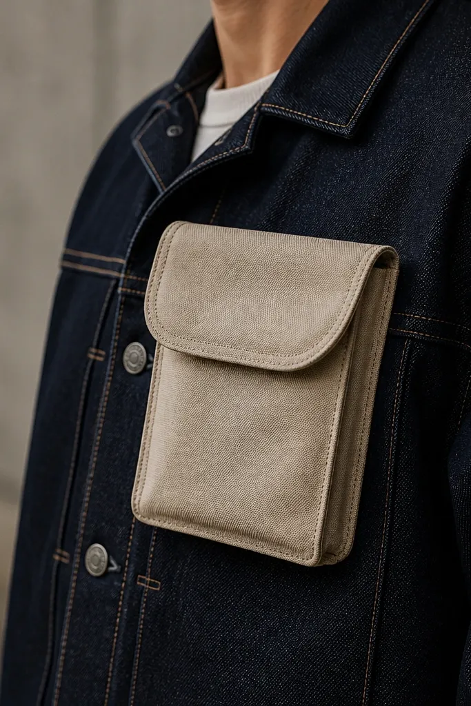A beige canvas pouch attached to a dark denim jacket. The pouch sits at chest level and has a simple flap with a hidden snap closure. Inside, the canvas forms a clean pocket shape, and the edges look stitched with visible edge binding.
