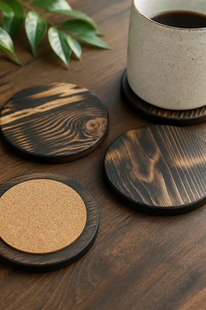Four round wooden coasters on a coffee table. The wood has a smoky heat-stained pattern in the grain, each coaster slightly different. The backs have a visible cork circle, and the tops have a matte finish with tiny wood pores still visible.