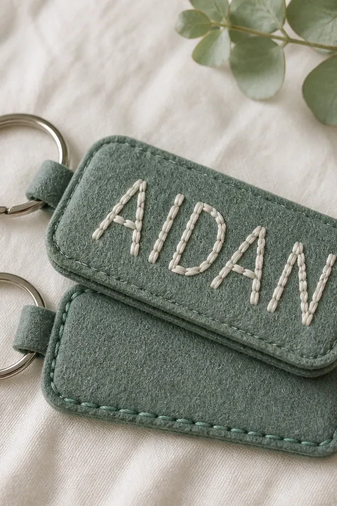A keychain made from two layers of thick felt shaped like a rectangle with rounded corners. Block-letter stitching spells a name across the front in contrasting thread. A metal split ring connects at the top, and the back has neat edge stitching.