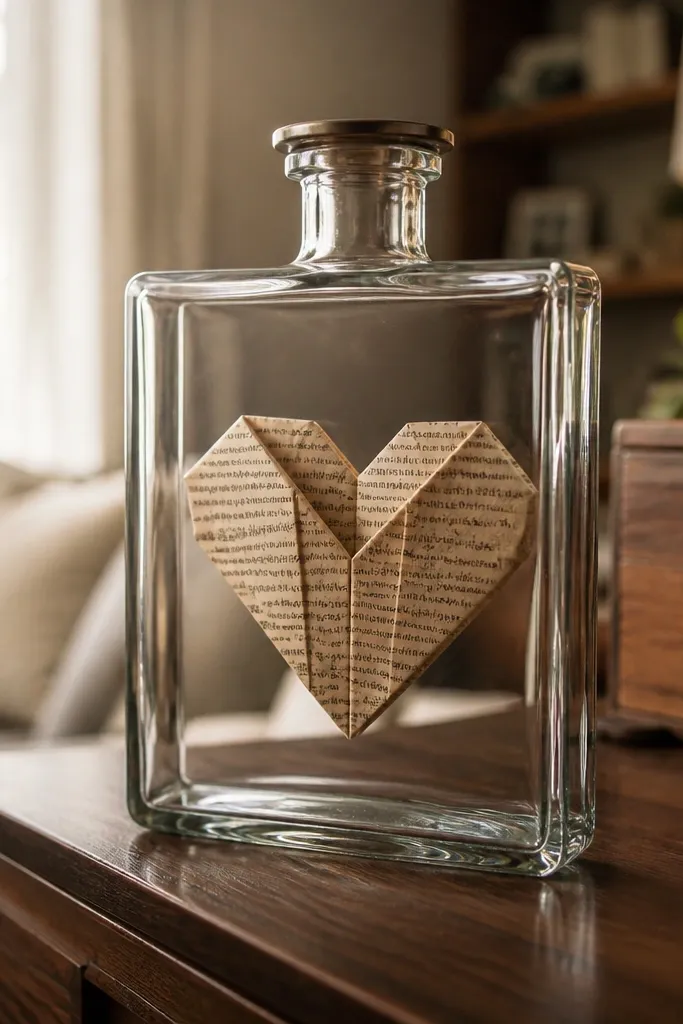 A small clear glass bottle with a cork stopper sits on a shelf. Inside the bottle is a folded paper heart made from printed book pages, visible through the glass. The heart has crisp creases, and a thin ribbon is tied around the bottle neck.