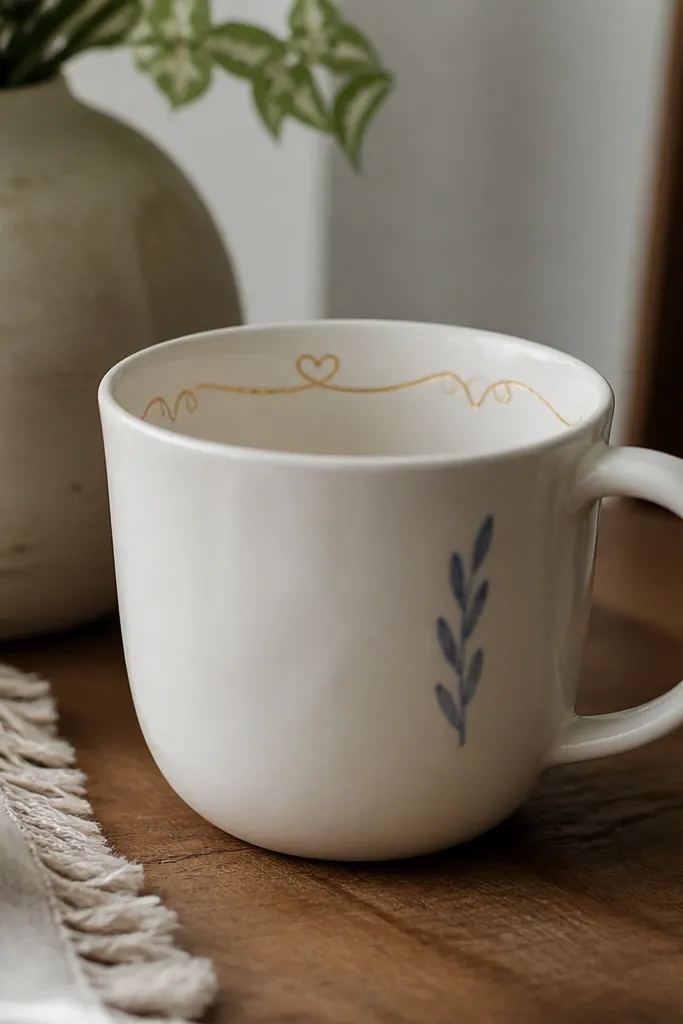 A white ceramic mug with a hand-painted design. The outside has a small simple icon near the handle in muted blue. Inside the rim, a handwritten quote runs along the top edge in a thin gold paint line.