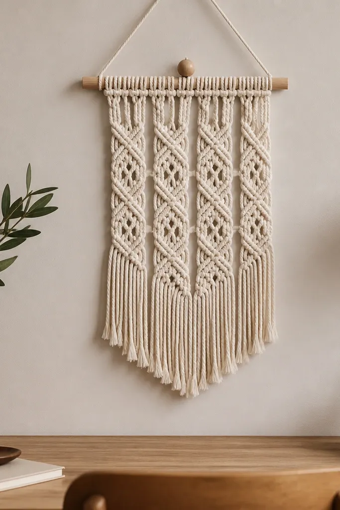 A small macramé wall hanging above a desk. It has a neat top dowel, a series of evenly spaced knots, and a fringe at the bottom. The rope is off-white with subtle texture, and a small wooden bead sits near the top.