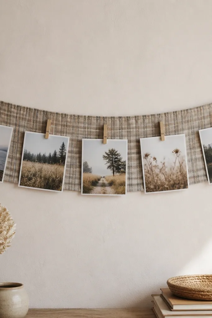 A strip of fabric hung on a wall with two nails. Several small clothespins hold printed photos along the strip. The fabric is a muted plaid, and the top edge has a stitched channel for the hanging string.