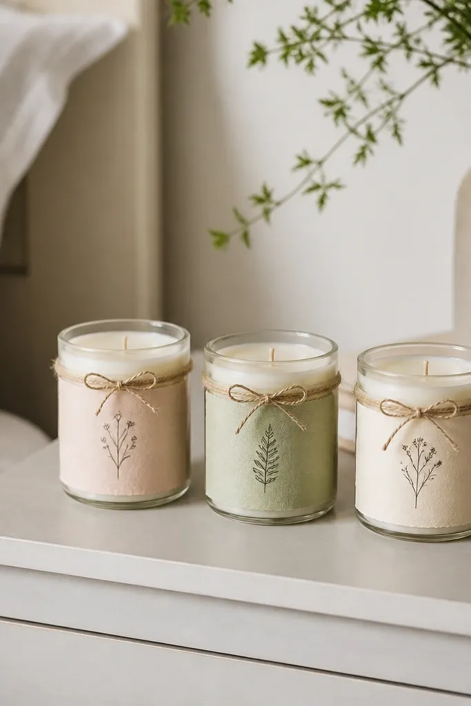 A set of three small glass candles on a nightstand. Each candle has a handmade paper label in soft pastel colors with small hand-drawn icons. The labels are wrapped around the glass with a neat seam and a thin twine bow.