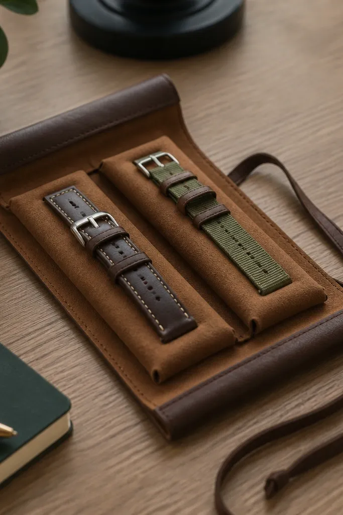 A small leather roll-up case laid open on a desk. Inside are two padded sections to hold watch straps, with a simple tie closure. The leather is dark brown and the lining is a soft tan suede-like fabric.