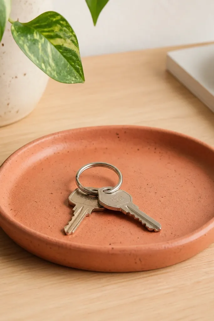 A small shallow tray on a desk. It's made from air-dry clay with a smooth face and slightly hand-formed edges. The color is warm terracotta with a light speckle, and it has a subtle lip to hold coins or keys.