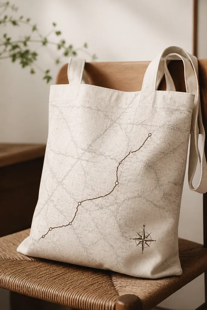 A canvas tote bag on a chair. The bag is off-white with a faint map-print background in muted ink colors. The front has a heat-fixed transfer of a simple route line and a small compass mark in darker brown.