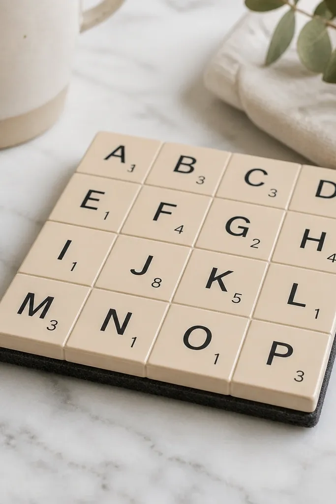 A square coaster set made from multiple small square tiles. Each tile has a letter and point value like Scrabble. The tiles are arranged in a neat grid with thin grout-like spacing, and the bottom has a felt backing.