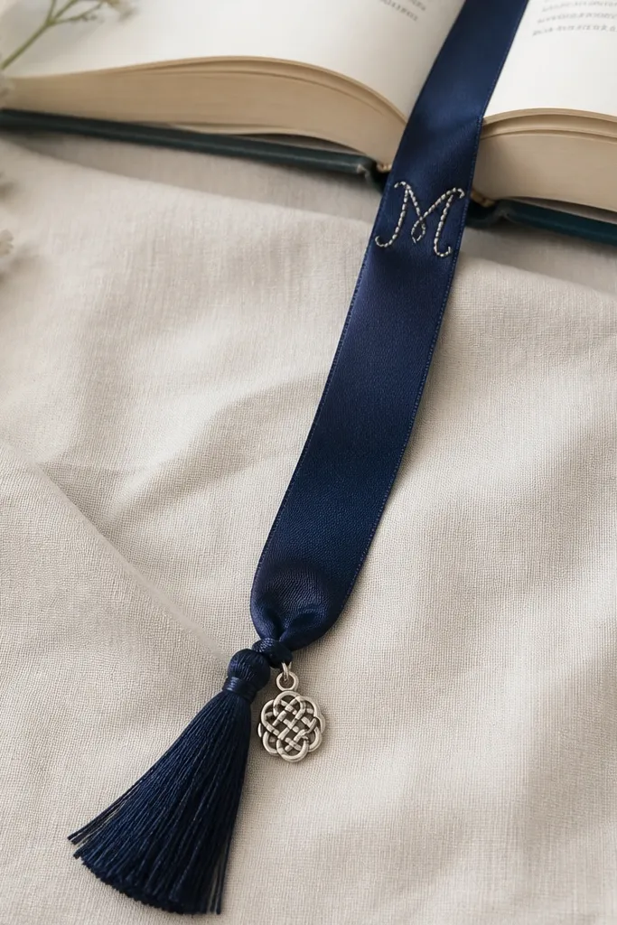 A long satin ribbon bookmark hanging from an open book. The ribbon is deep navy, with a small stitched initial in silver thread near the top. At the bottom, there's a neat tassel made from matching thread and a small metal charm.
