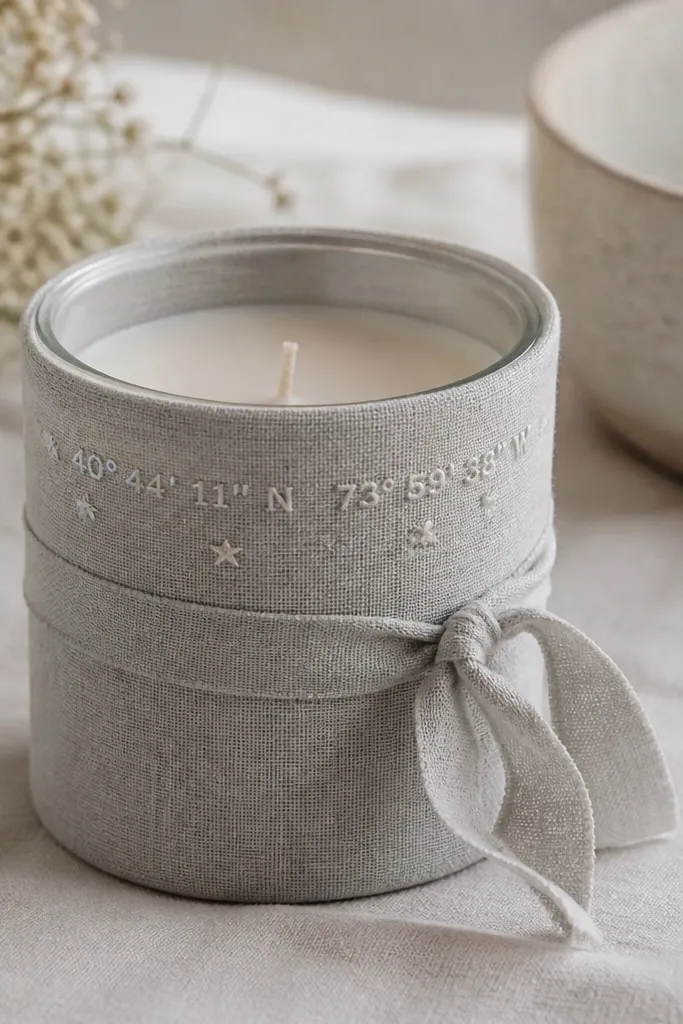 A handmade fabric sleeve wrapped around a candle jar. The fabric is linen in light gray. A tie-back ribbon holds it in place, and embroidery near the top reads coordinates with tiny stars.