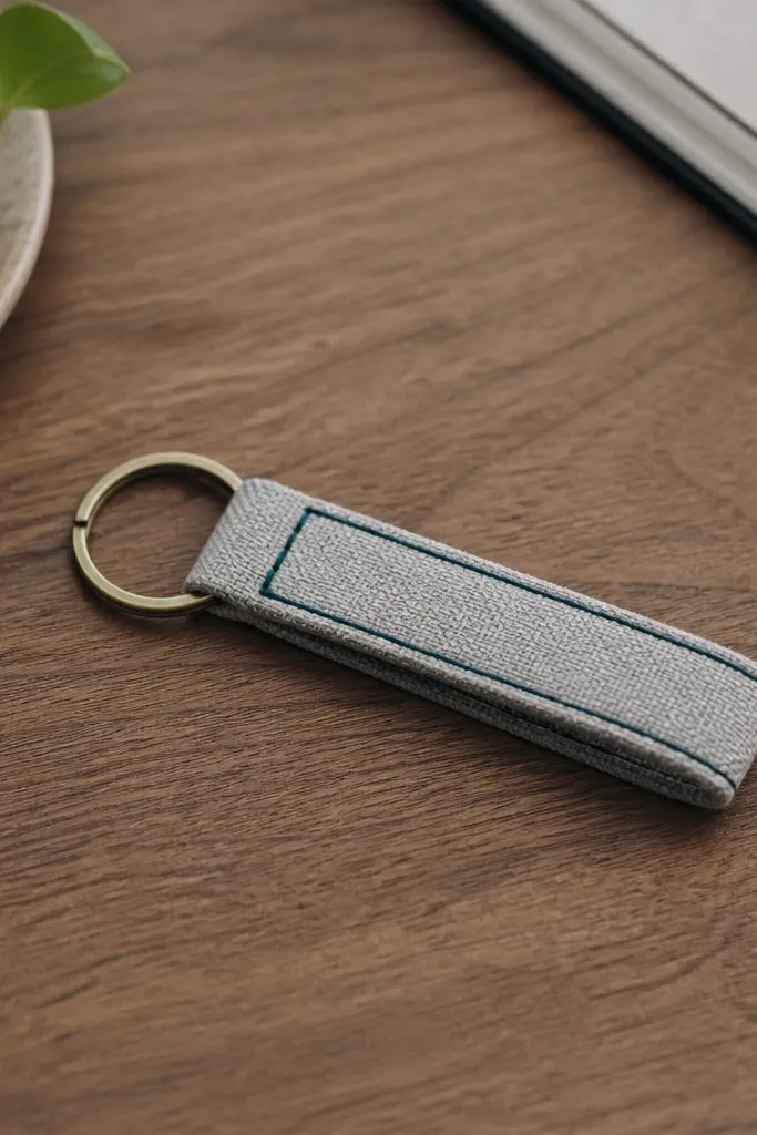 A handmade key fob made from washed cotton in heather gray, folded into a slim rectangle with visible contrast thread stitching in deep teal; a small brass split ring and a neat key strap sit centered on a wooden desk.