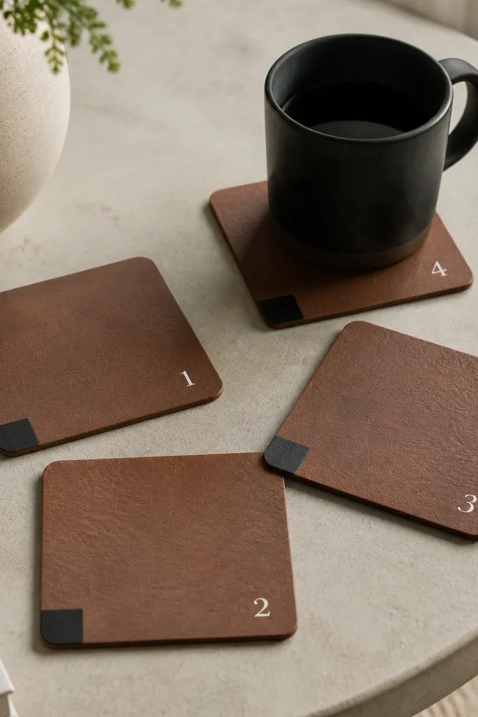 Four handmade coasters cut from matte brown leatherette, each with a small square of black edge paint at one corner and a tiny stamped number (1-4) in white ink; the set is on a coffee table with a dark mug.