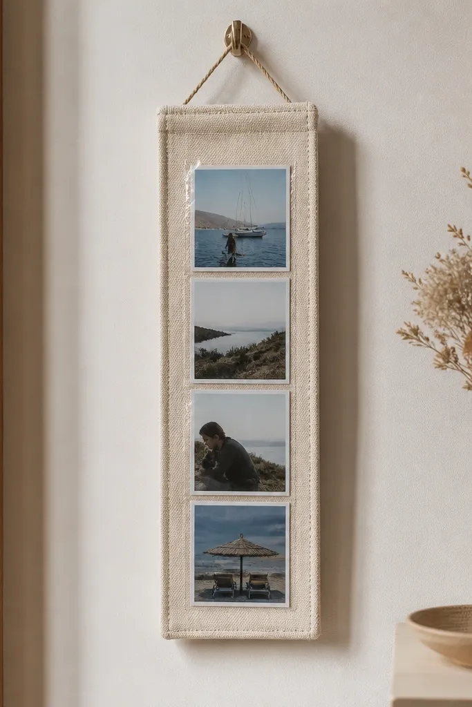 A mini cloth picture frame hanging from a small hook, with a vertical strip of four mini photos held under a clear plastic sleeve; the frame is made from oatmeal canvas with stitched binding edges.