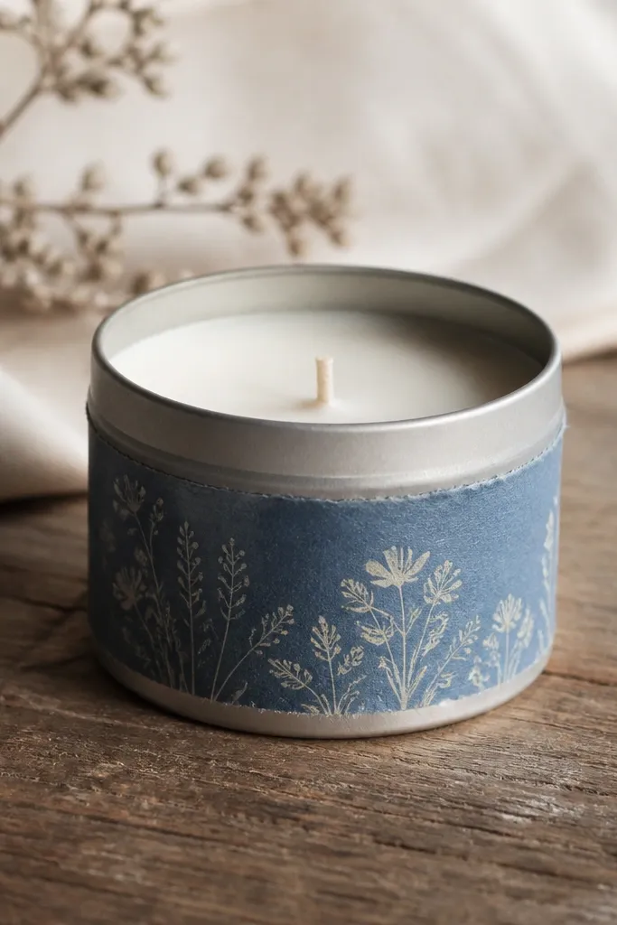 A small metal candle tin with a handmade paper label wrapped around it; the label text is in a muted cream ink on a dusty blue background matching a hoodie tone.